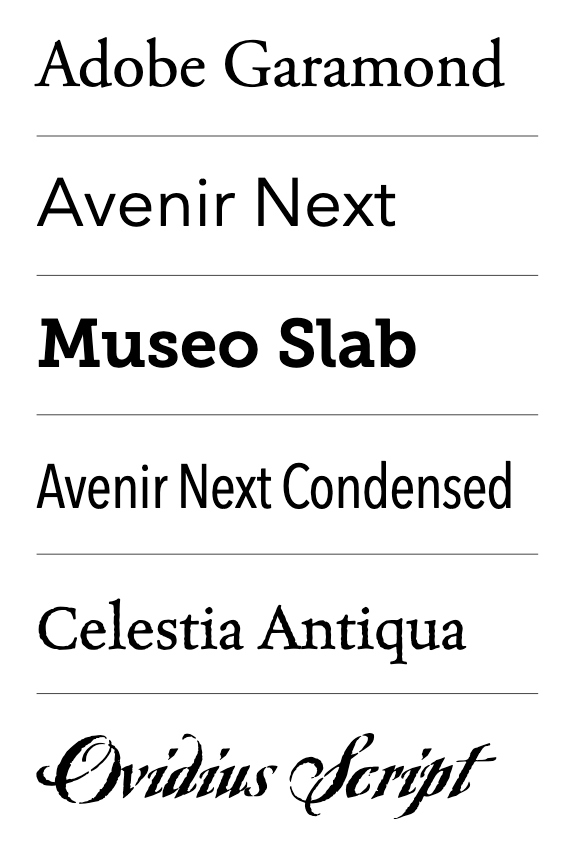 Adobe Garamond Avenir Next Museo Slab Avenir Next Condensed Celestia Antiqua Ovidius Script